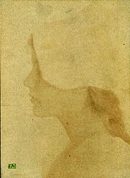 Profile of a young woman wearing a bonnet.
