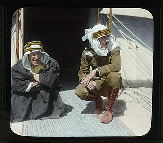 On the left, British officer T.E. Lawrence, the real man behind the Lawrence of Arabia legend, and on the right, American journalist Lowell Thomas.