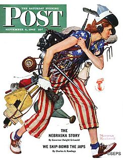 Illustration by Norman Rockwell of Rosie carrying 31 symbols and tools of jobs women took on when men went off to war.