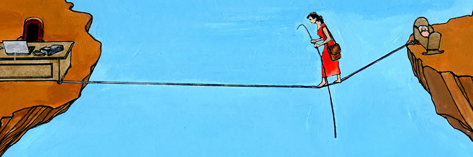 A woman balances along a tightrope between her desk and her baby in a crib.