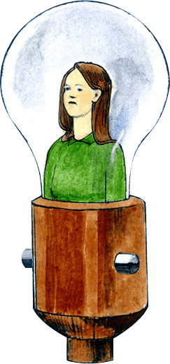 Metaphorical light bulb in which the woman illuminates the bulb as she 'clicks.'